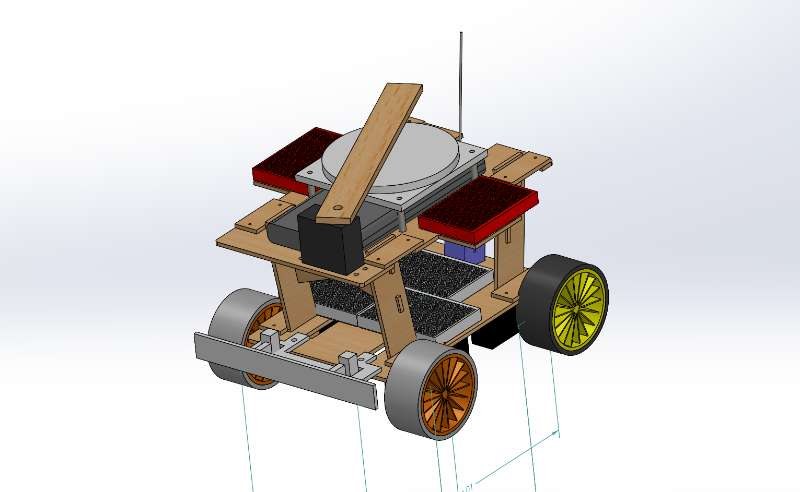 CAD view showing the robot's plates, motor mounts, wheels and upper servo structure