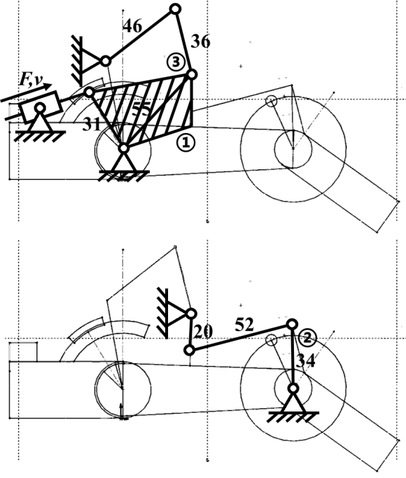 Two mechanism sketches showing the linear-actuator-driven four-bar hand linkage in different configurations