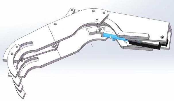 CAD model of the hand support, finger linkage and linear actuator