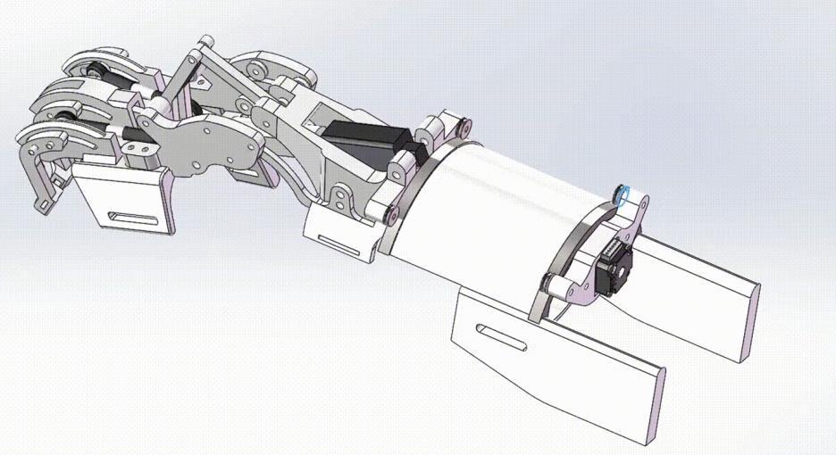 CAD view of the integrated hand and wrist assembly with the forearm support
